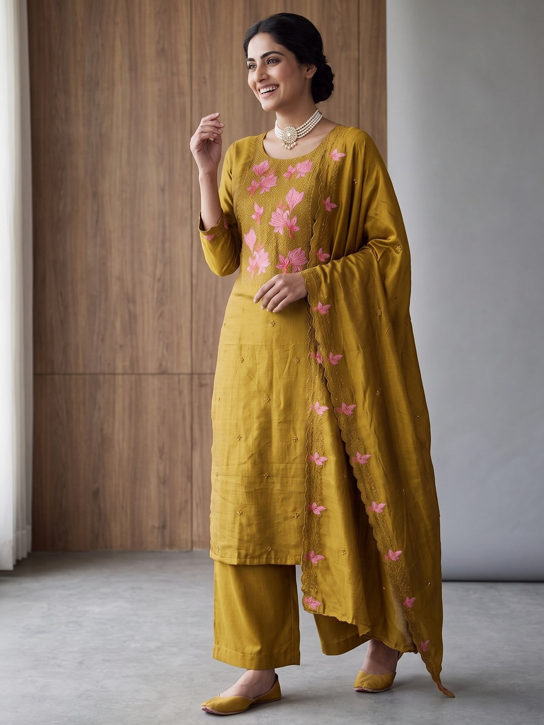 Mustard Floral Embroidered Vichitra Silk Dress Material for Elegant Ethnic Styling - Image 4