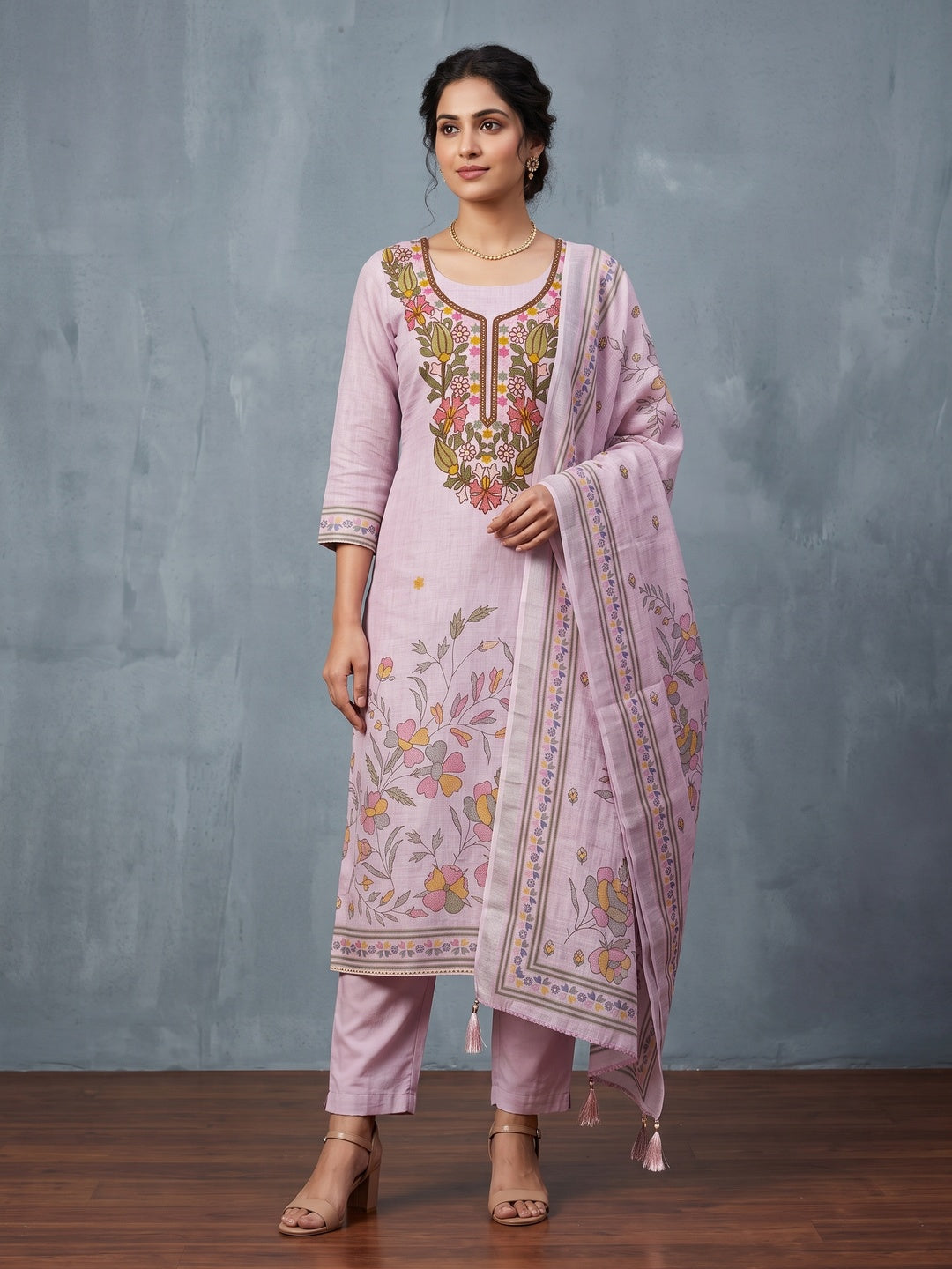 Peachmode Mauve Floral Embroidered Linen Cotton Dress Material - Image 1
