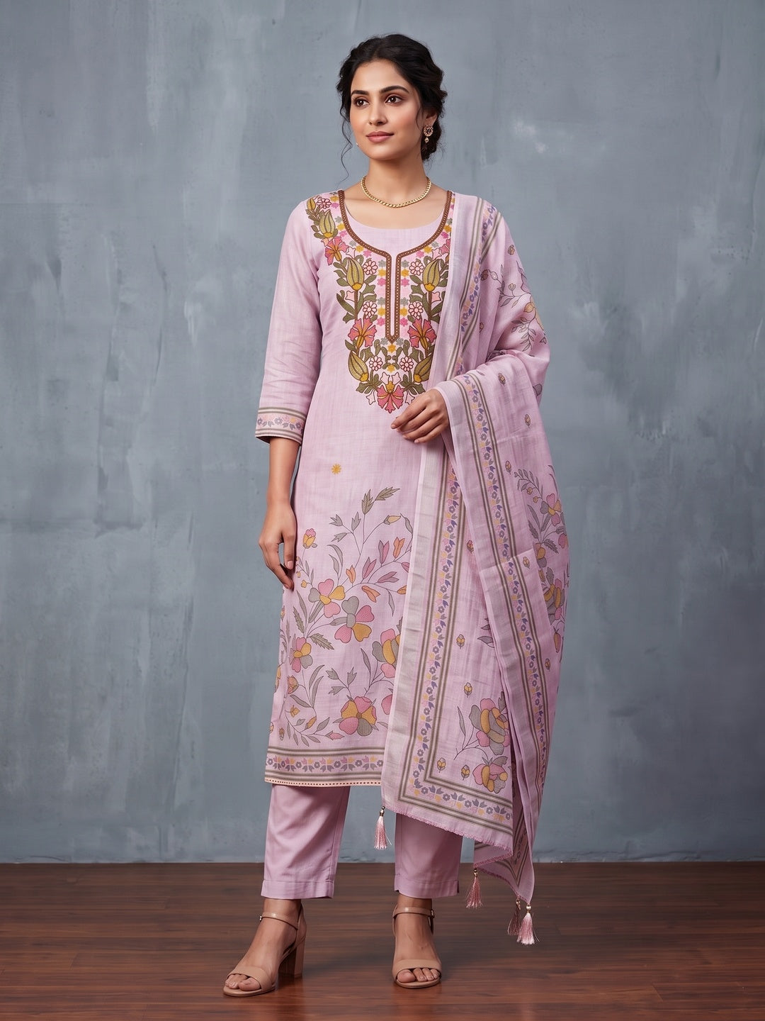 Peachmode Mauve Floral Embroidered Linen Cotton Dress Material - Image 2