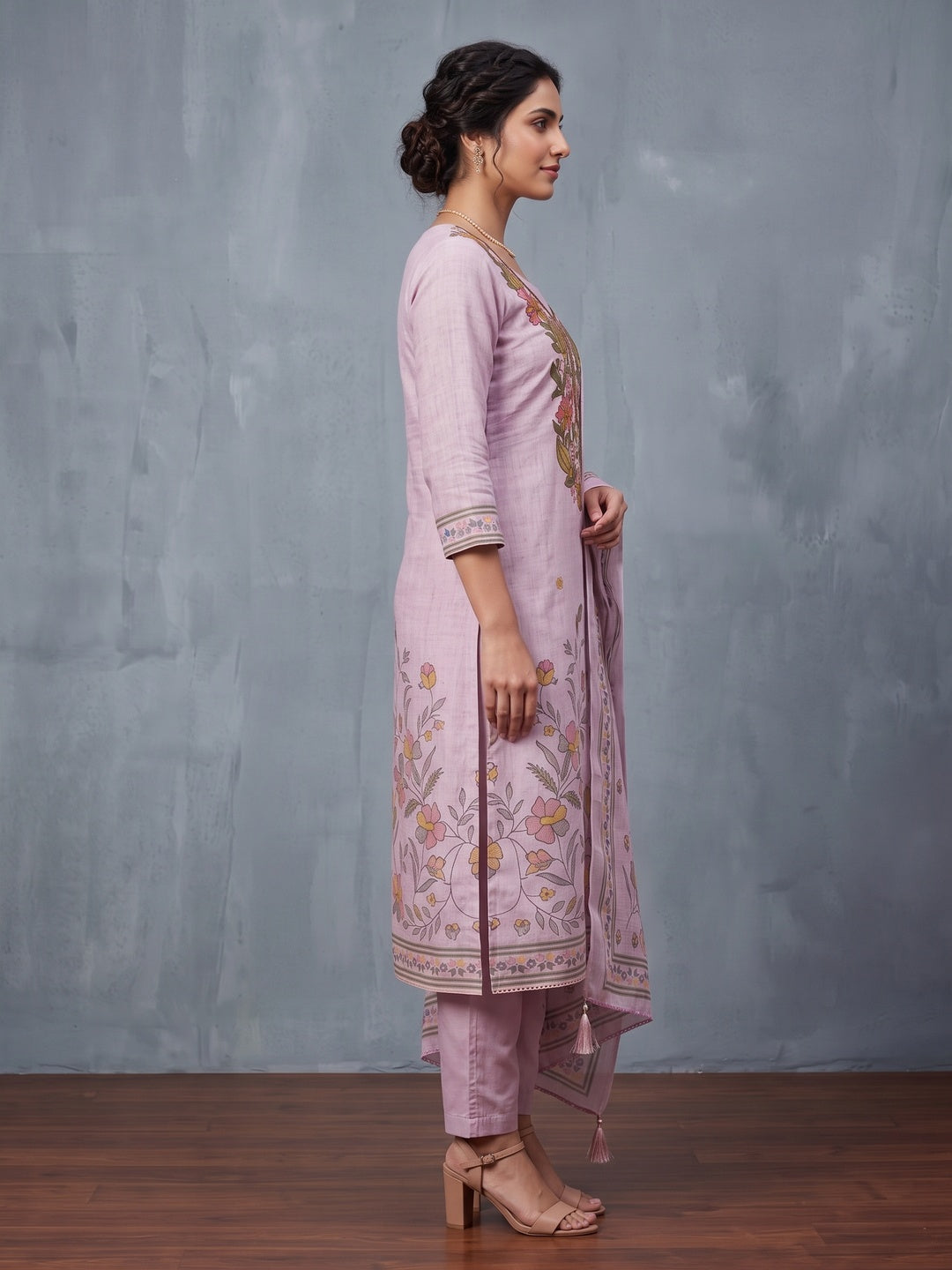 Peachmode Mauve Floral Embroidered Linen Cotton Dress Material - Image 4