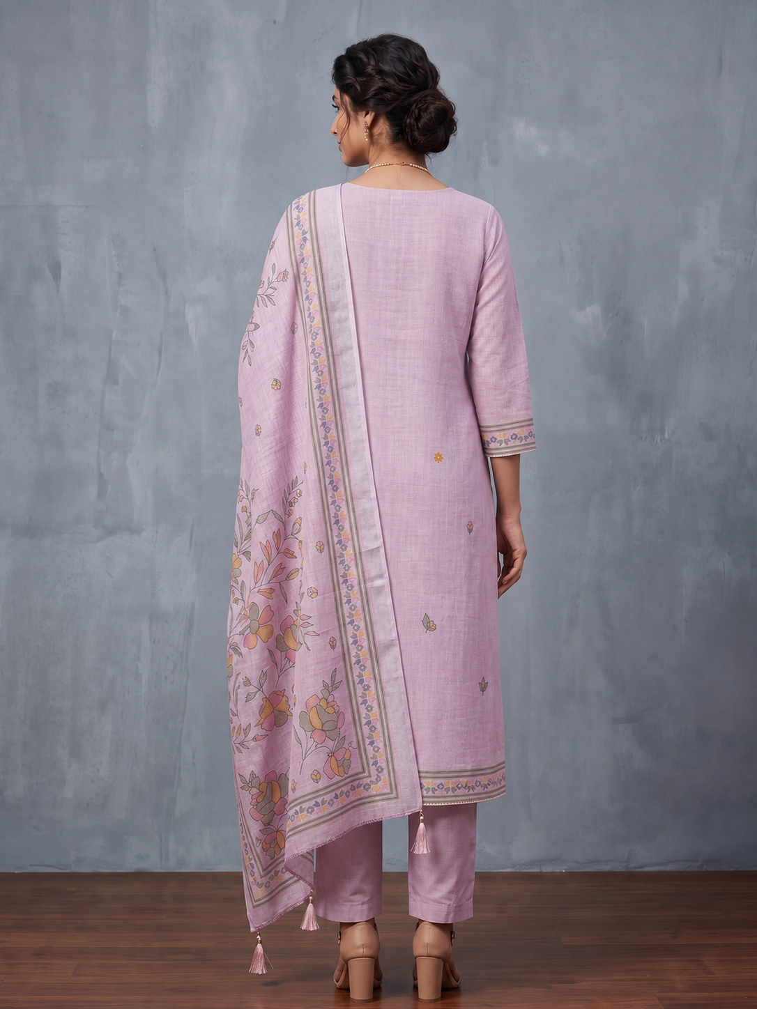 Peachmode Mauve Floral Embroidered Linen Cotton Dress Material - Image 5