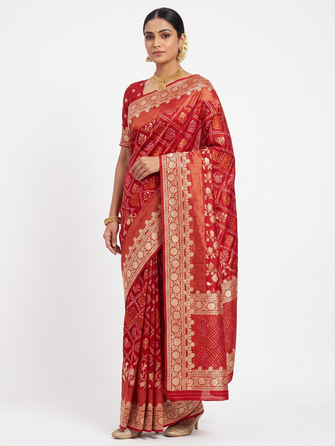 Classic Red Banarasi Jacquard Saree With Artistic Floral & Bandhani Design Weaving - Image 1