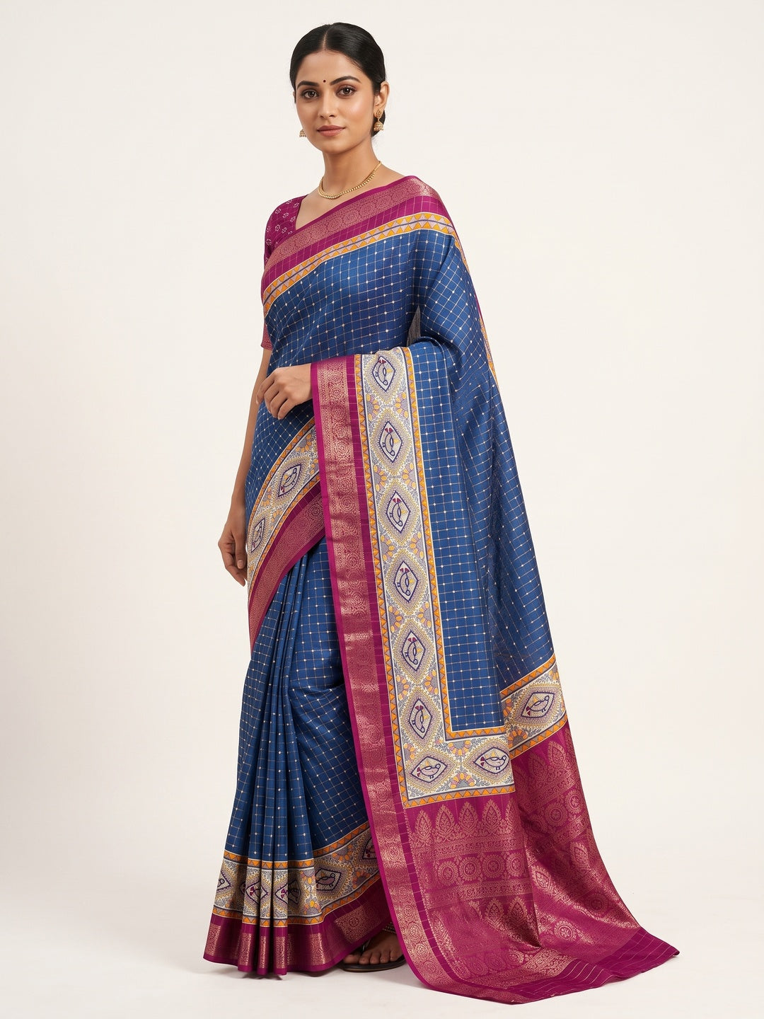 Blue Madhubani Work Woven Dola Silk Saree - Image 1
