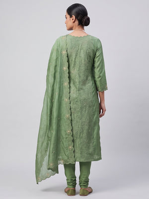 Green Floral Embroidery Enhanced Vichitra Silk Fabric Set for Stylish Traditional Outfits - Image 2