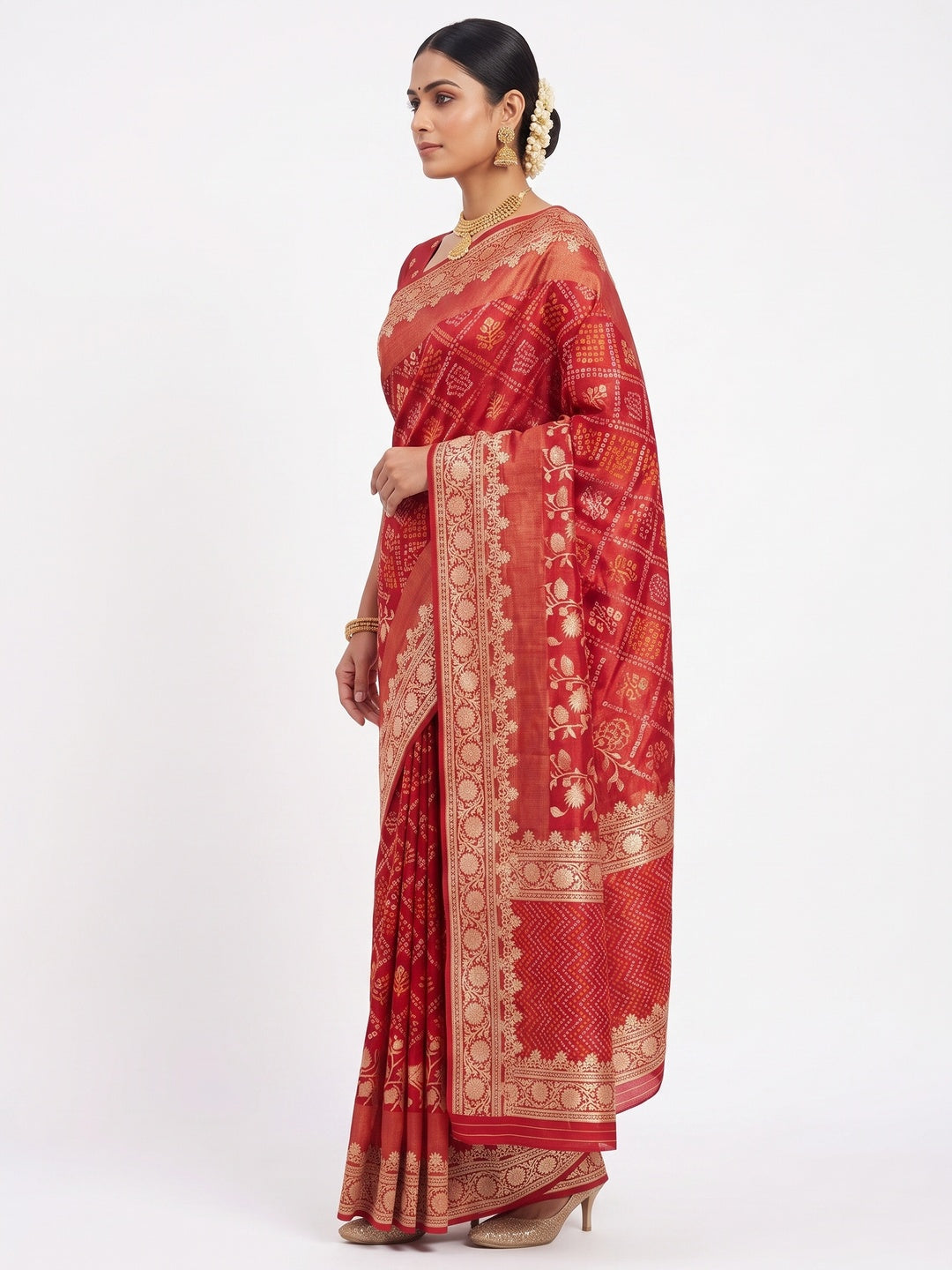 Classic Red Banarasi Jacquard Saree With Artistic Floral & Bandhani Design Weaving - Image 3