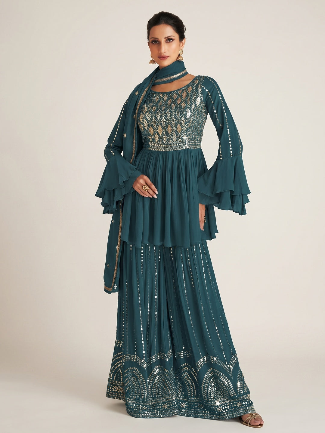 Teal Blue Sequins Embroidered Chinon Semi Stitched Sharara Suit - Image 1