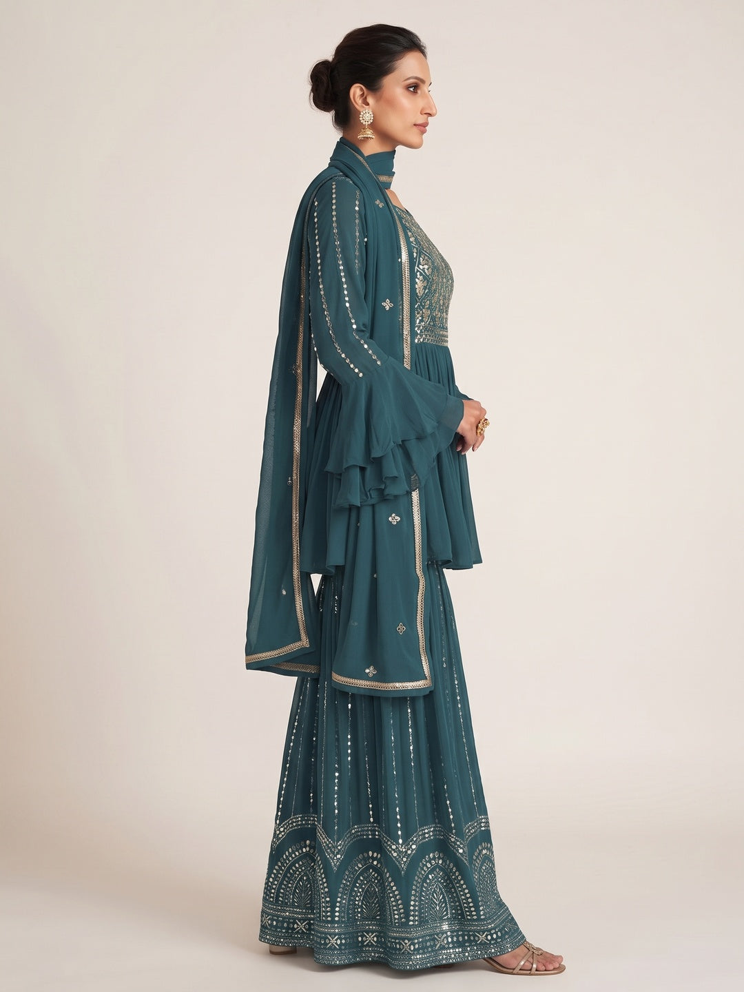 Teal Blue Sequins Embroidered Chinon Semi Stitched Sharara Suit - Image 3