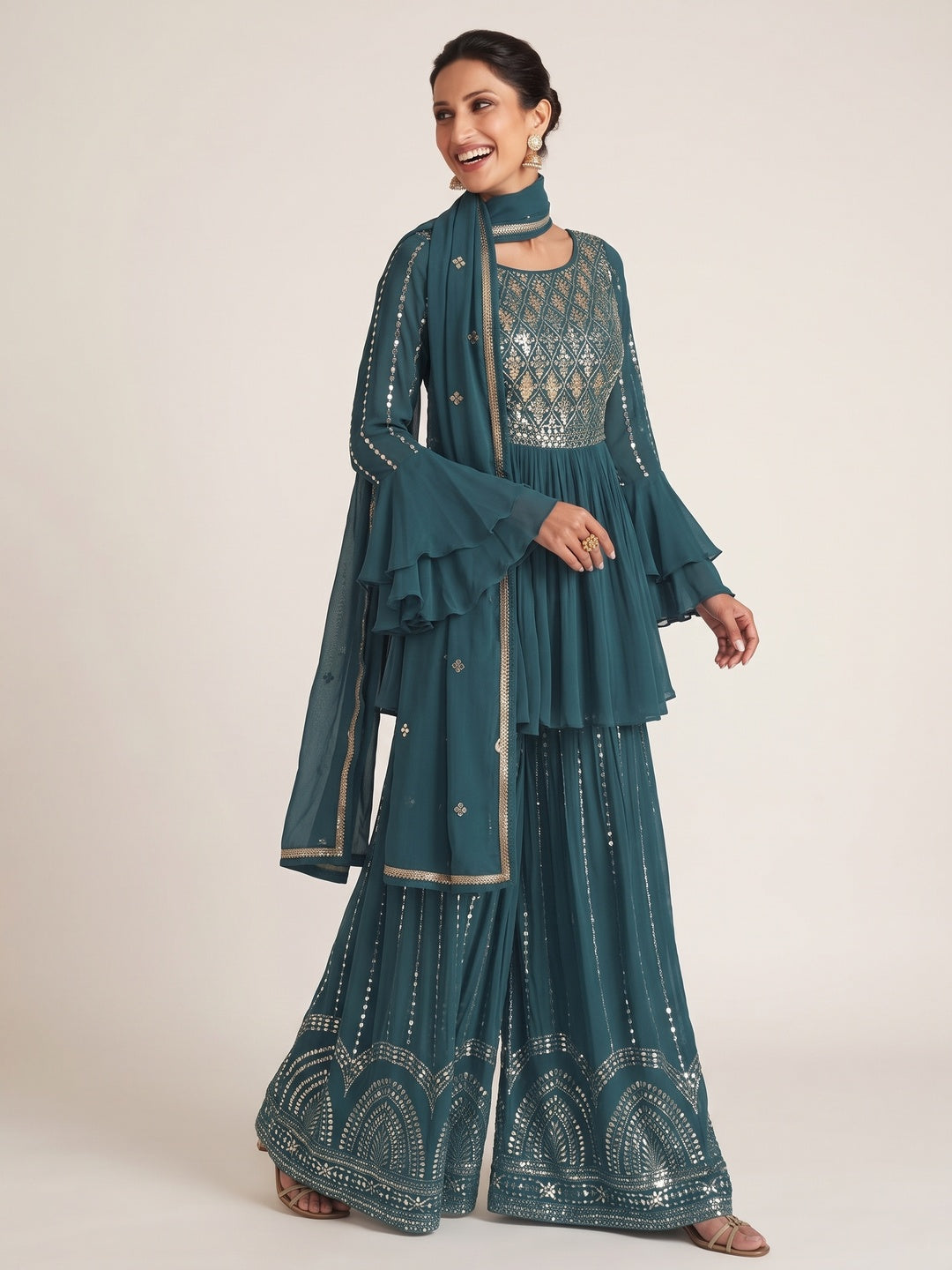 Teal Blue Sequins Embroidered Chinon Semi Stitched Sharara Suit - Image 4