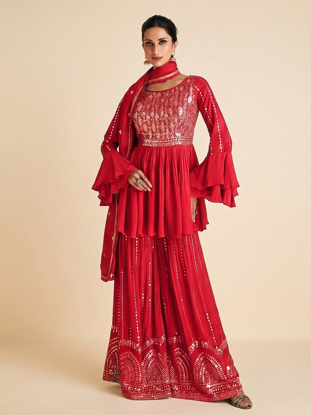 Red Sequins Embroidered Chinon Semi Stitched Sharara Suit - Image 1