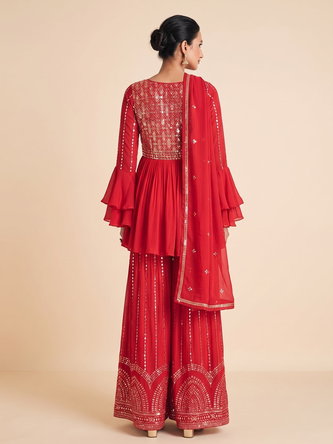 Red Sequins Embroidered Chinon Semi Stitched Sharara Suit - Image 2