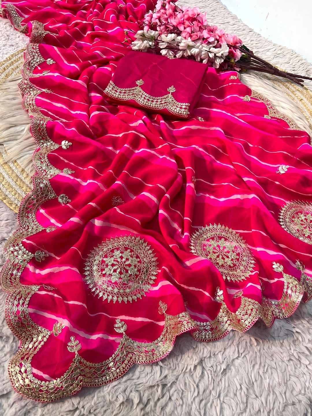 Peachmode Pink Embroidered Leheriya Georgette Saree - Image 3