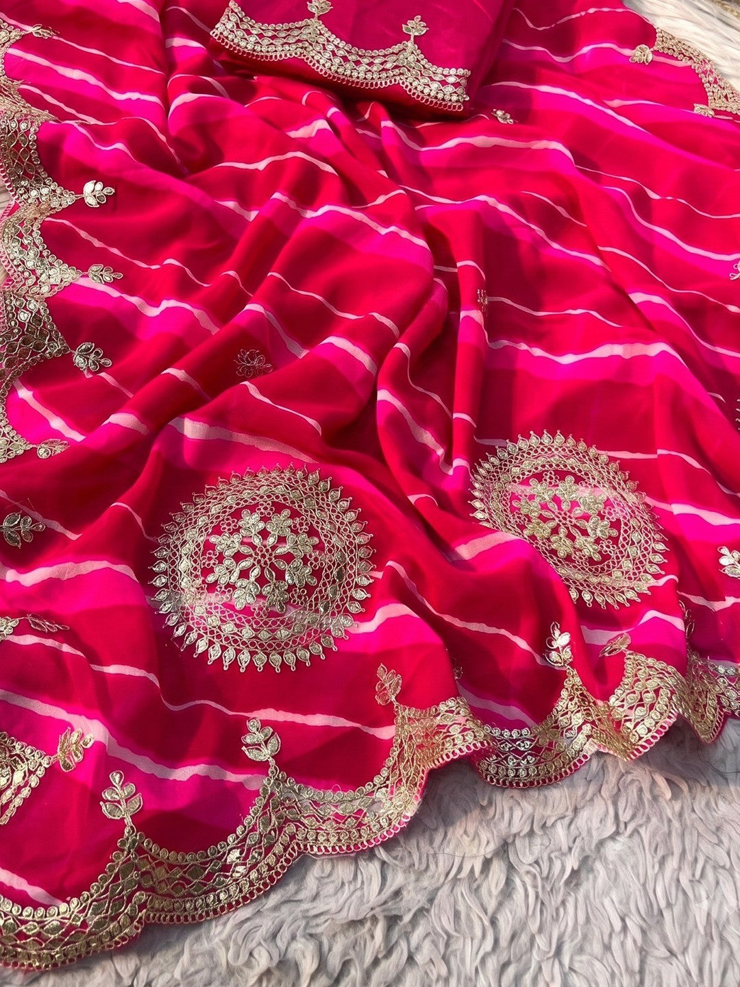 Peachmode Pink Embroidered Leheriya Georgette Saree - Image 4