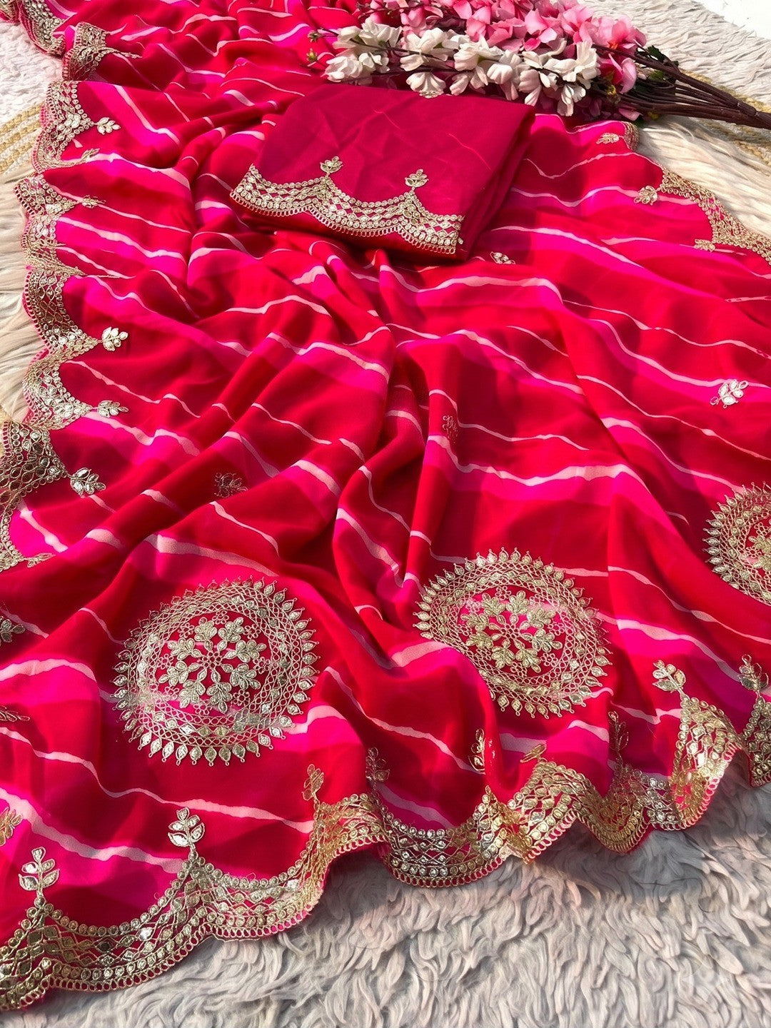 Peachmode Pink Embroidered Leheriya Georgette Saree - Image 5