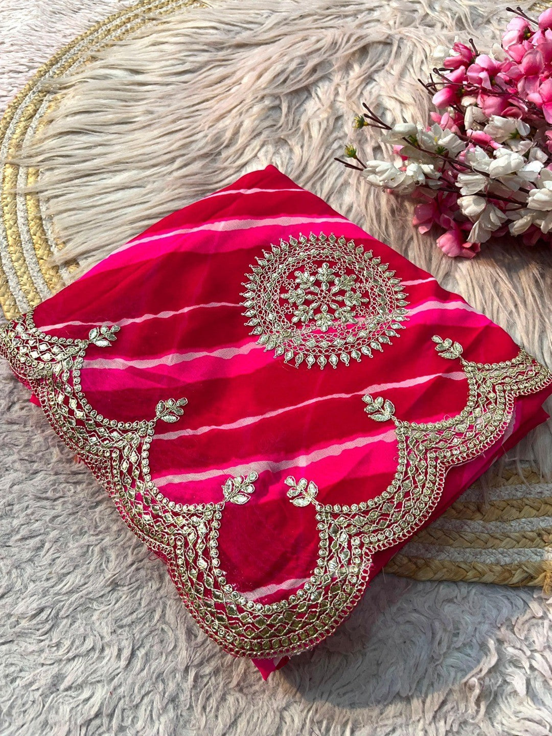 Peachmode Pink Embroidered Leheriya Georgette Saree - Image 6