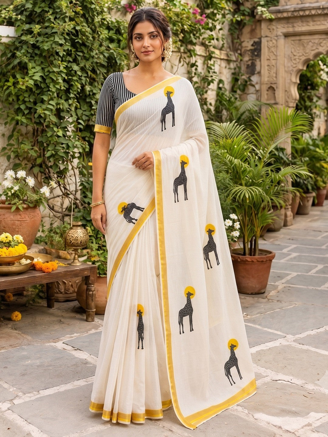 Peachmode Yellow Malai Cotton Animal Digital Print Saree - Image 1
