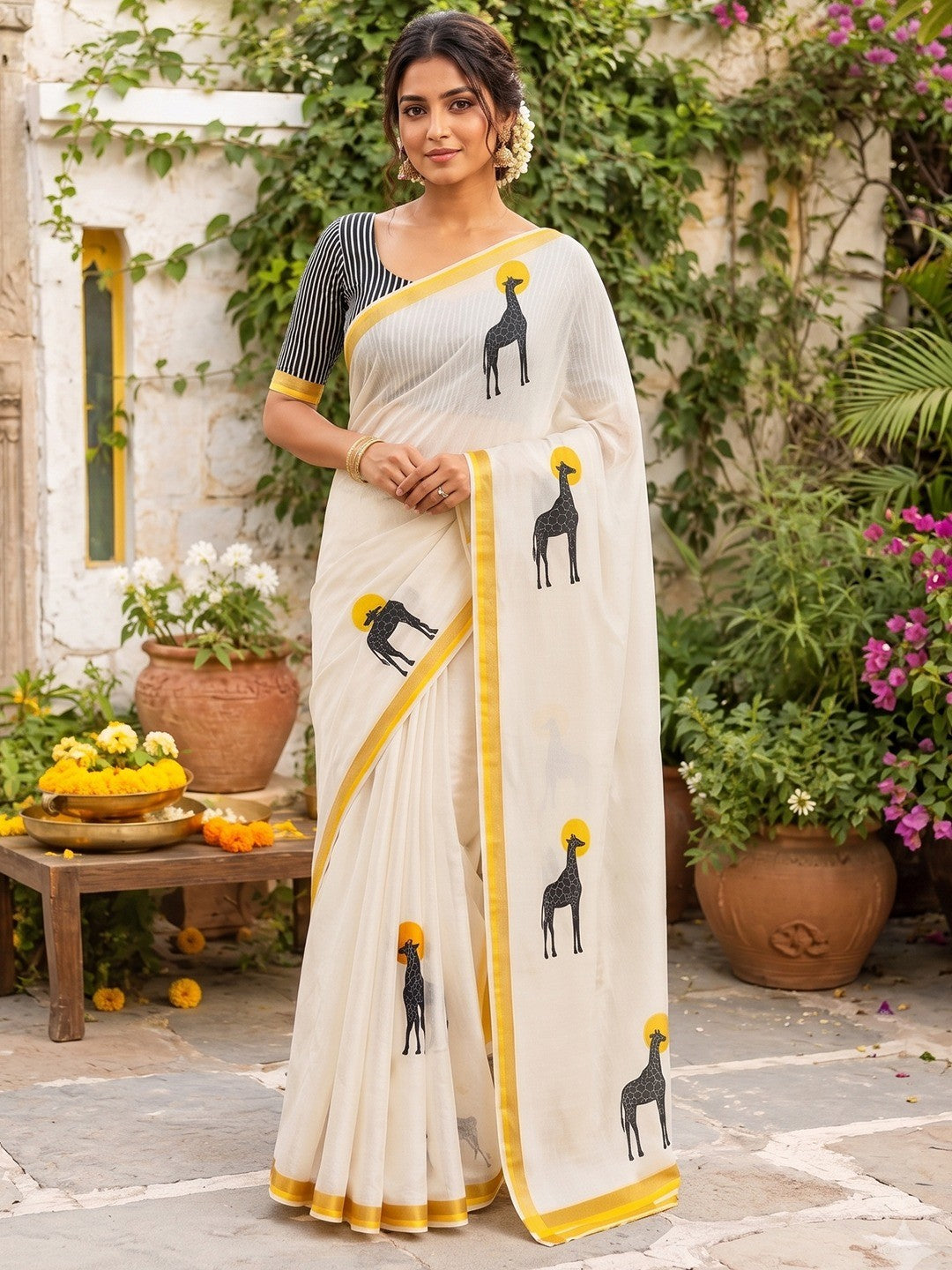 Peachmode Yellow Malai Cotton Animal Digital Print Saree - Image 2