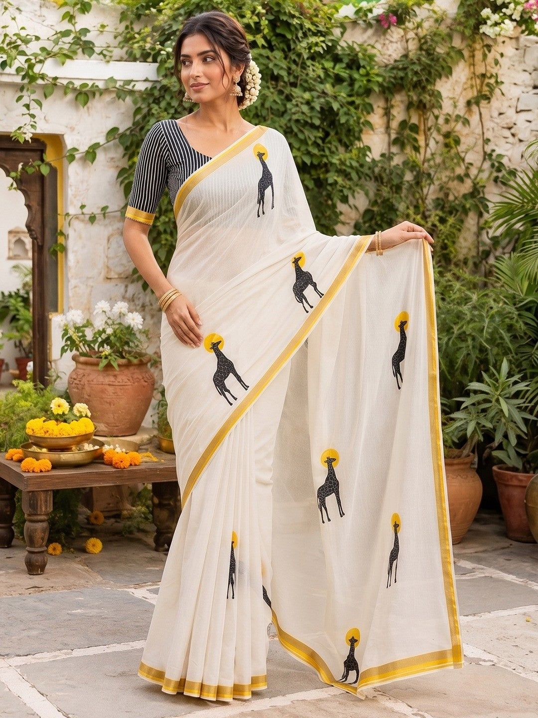 Peachmode Yellow Malai Cotton Animal Digital Print Saree - Image 3