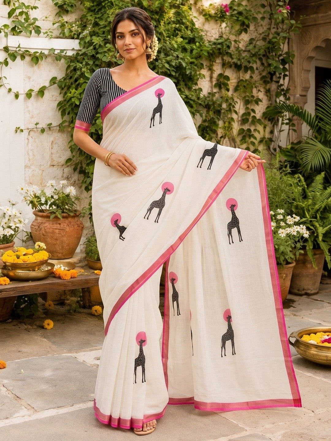Peachmode Pink Malai Cotton Animal Digital Print Saree - Image 1