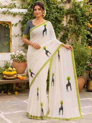 Peachmode Green Malai Cotton Animal Digital Print Saree - Image 1