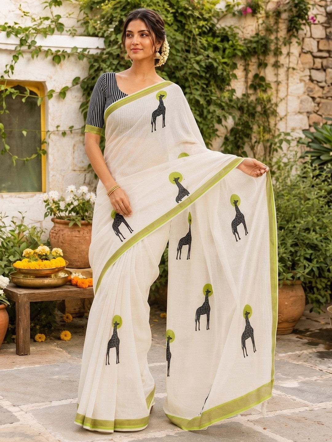 Peachmode Green Malai Cotton Animal Digital Print Saree - Image 3