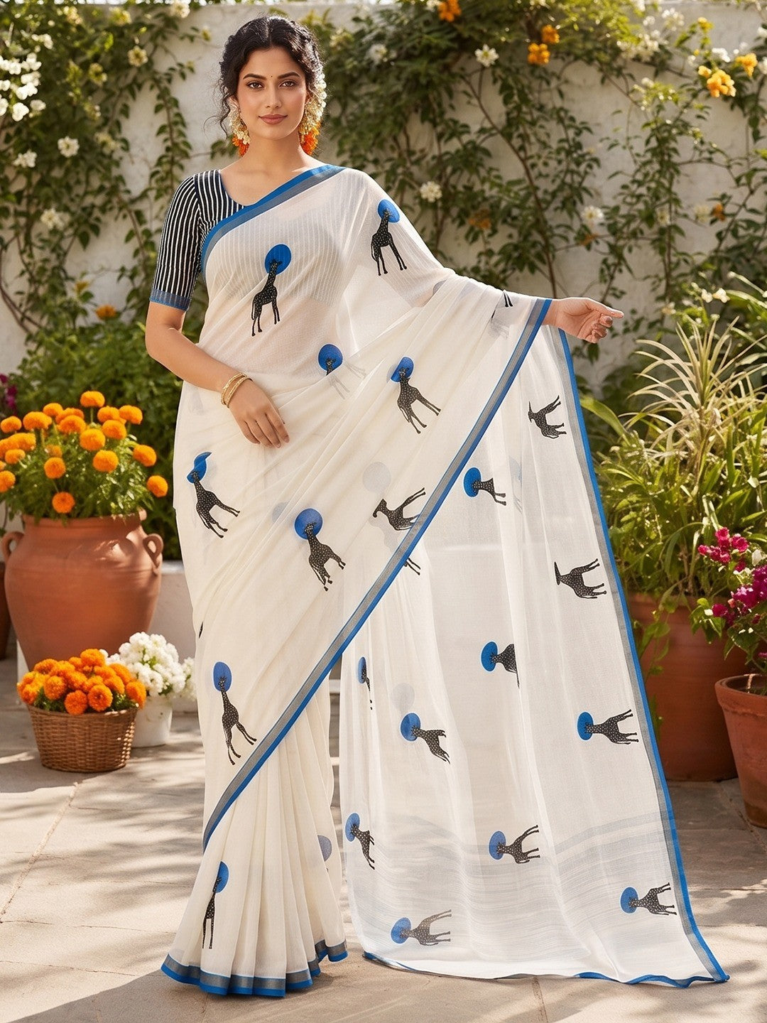 Peachmode Blue Malai Cotton Animal Digital Print Saree - Image 1