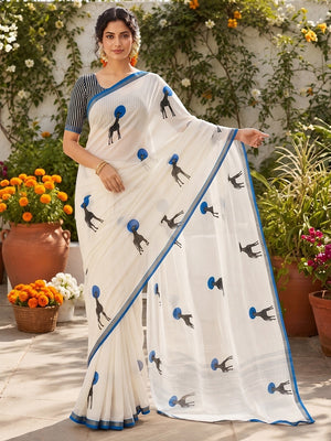 Peachmode Blue Malai Cotton Animal Digital Print Saree - Image 1