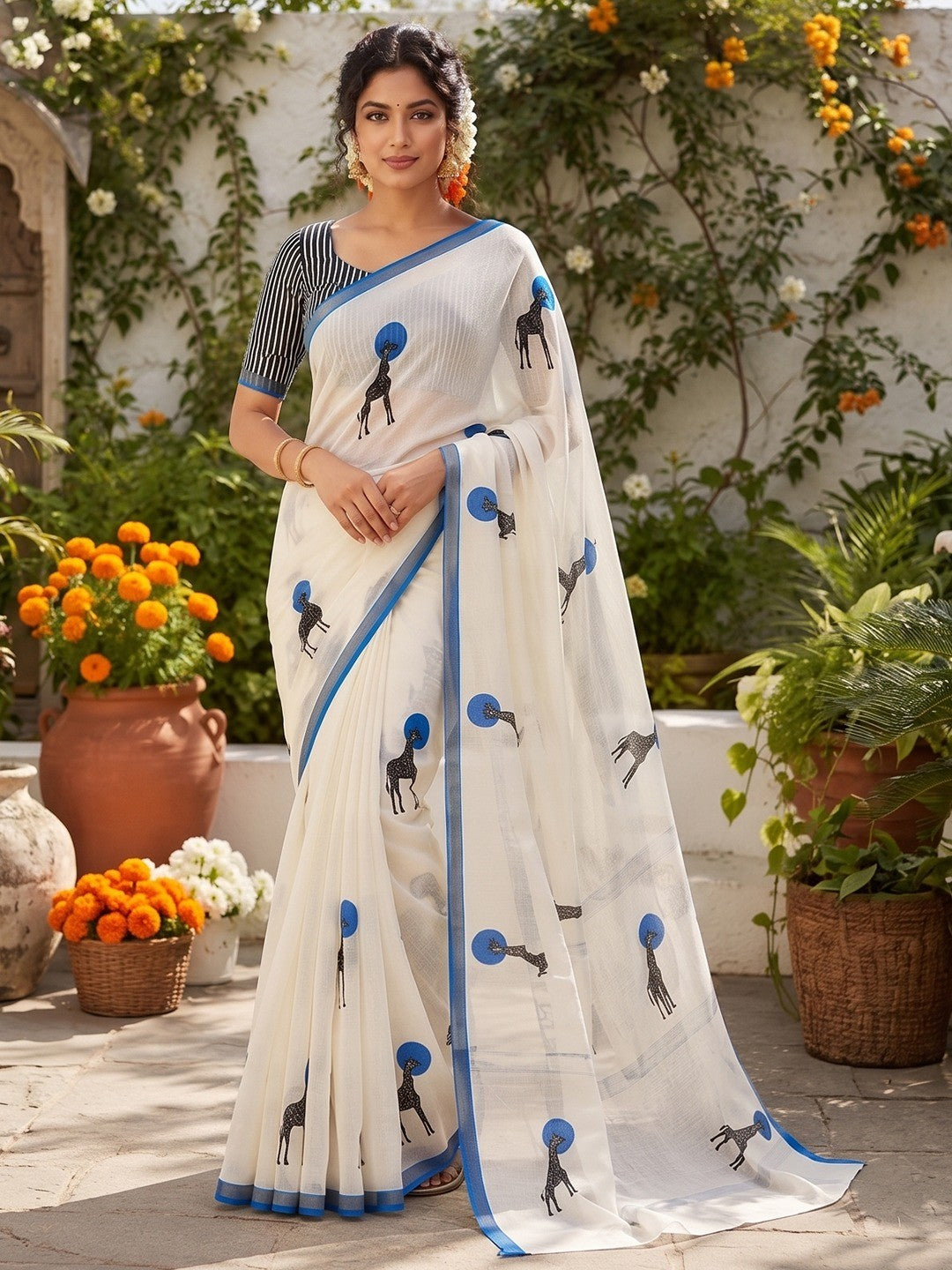 Peachmode Blue Malai Cotton Animal Digital Print Saree - Image 2