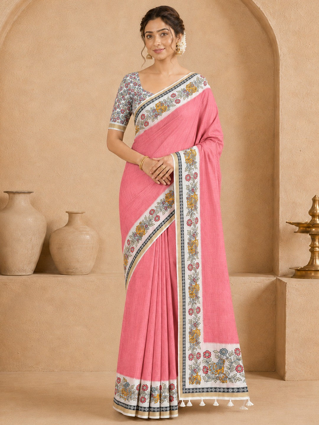 Peachmode Pink Malai Cotton Fancy Digital Print Saree - Image 1