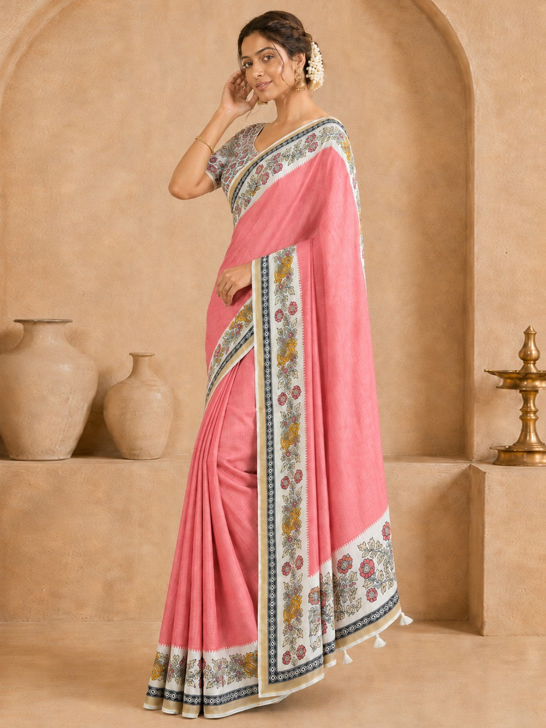 Peachmode Pink Malai Cotton Fancy Digital Print Saree - Image 2