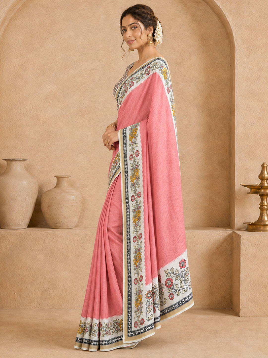 Peachmode Pink Malai Cotton Fancy Digital Print Saree - Image 3