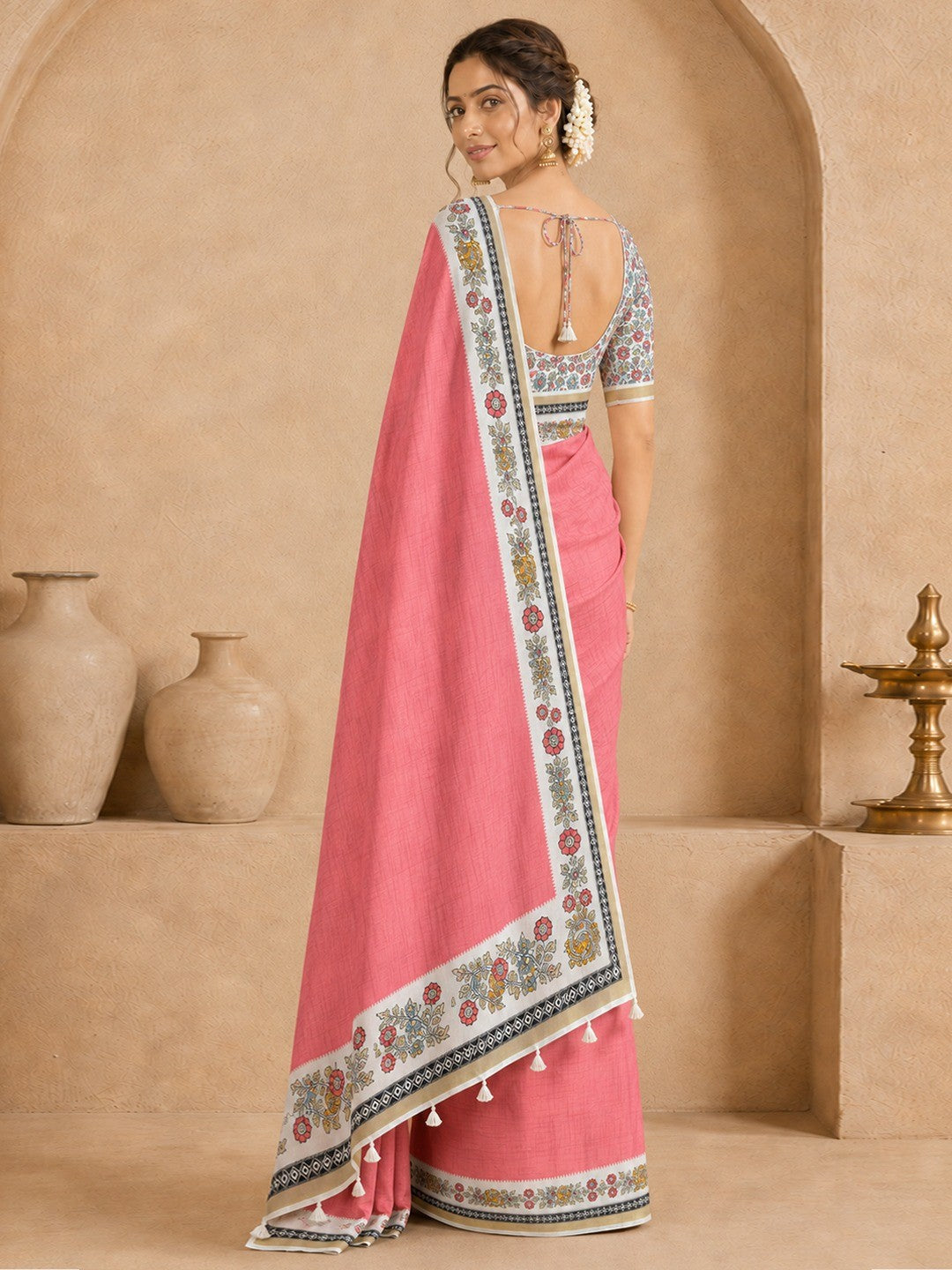 Peachmode Pink Malai Cotton Fancy Digital Print Saree - Image 4