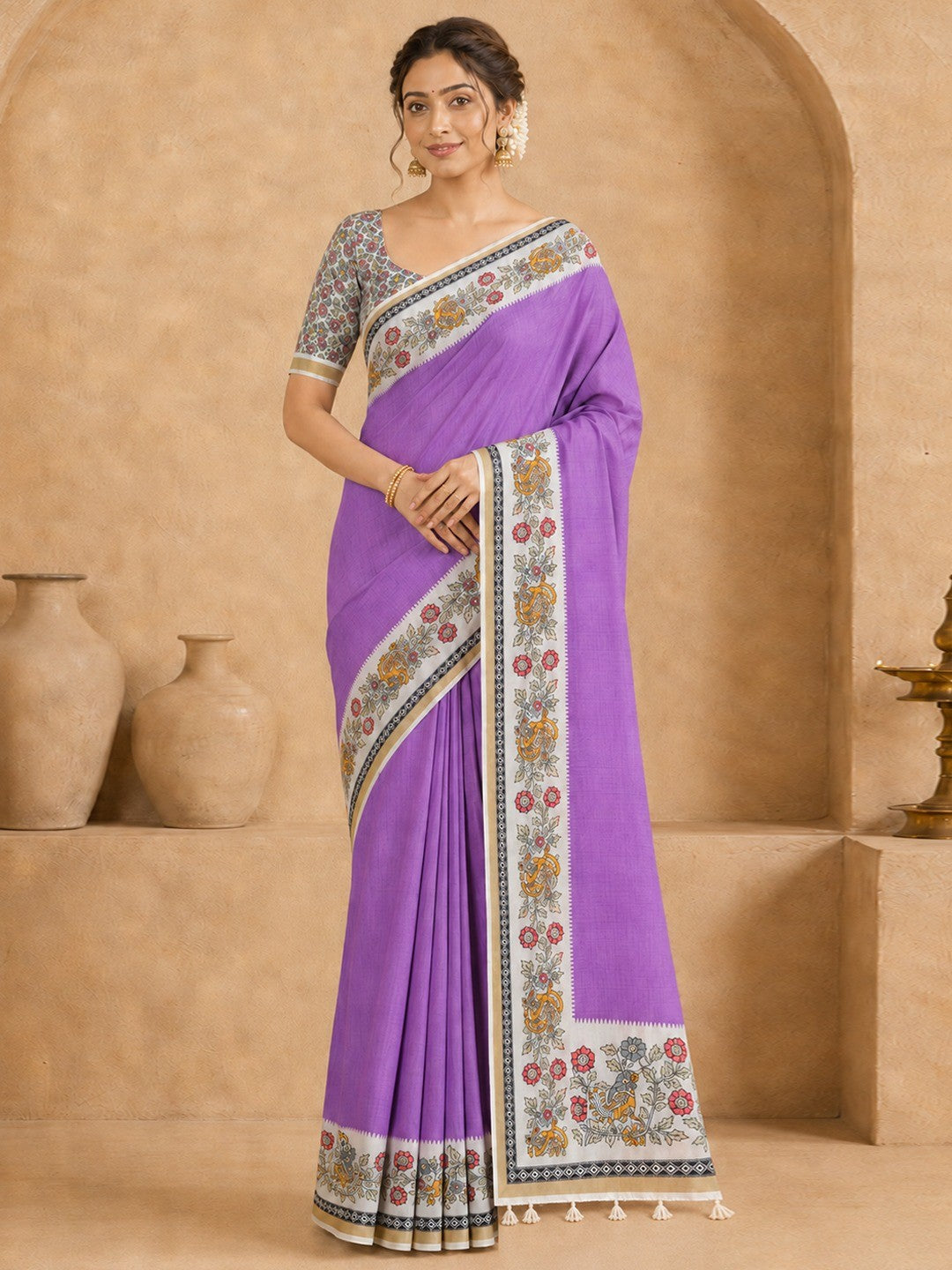 Peachmode Lavender Malai Cotton Fancy Digital Print Saree - Image 1