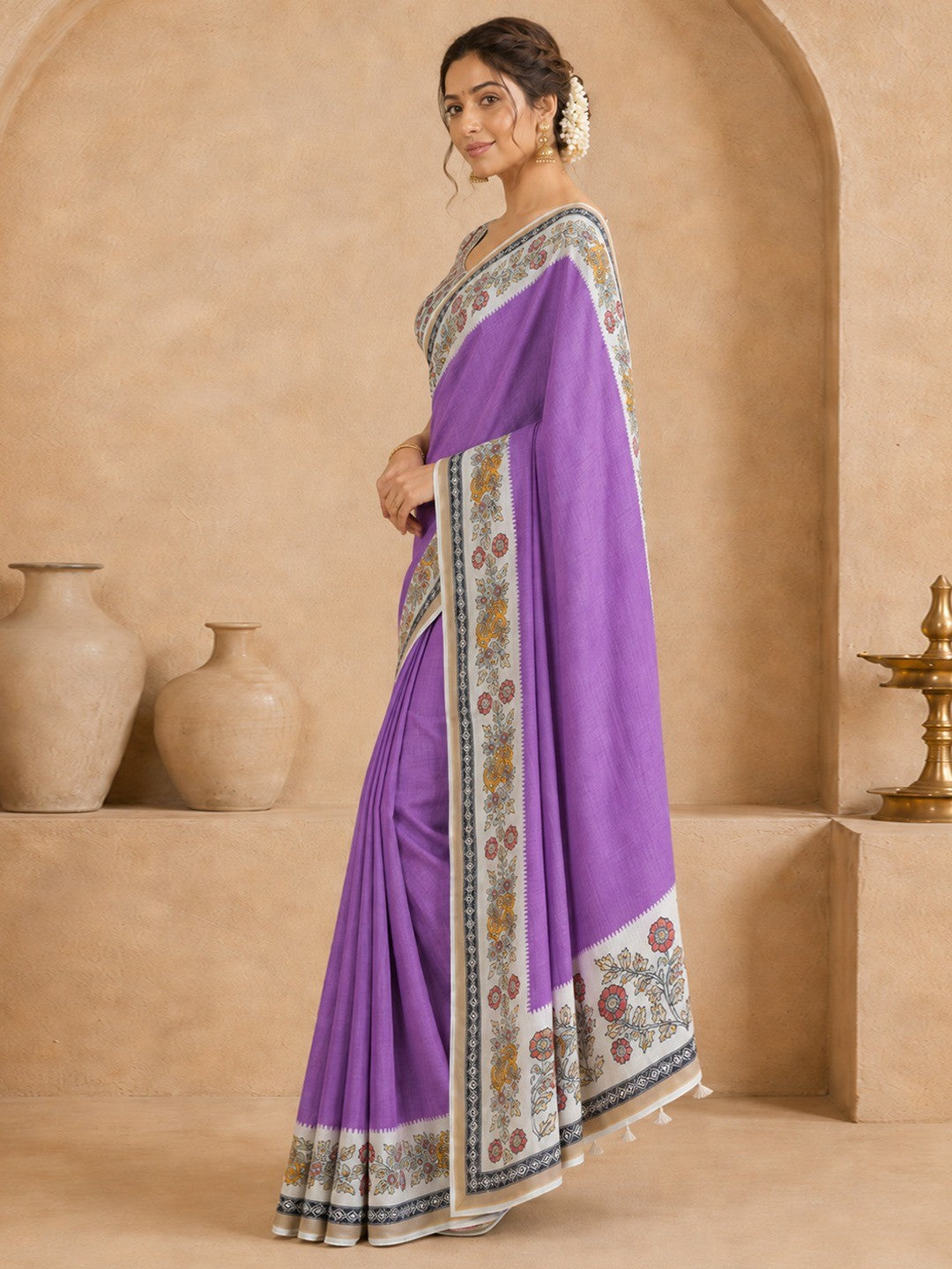 Peachmode Lavender Malai Cotton Fancy Digital Print Saree - Image 3