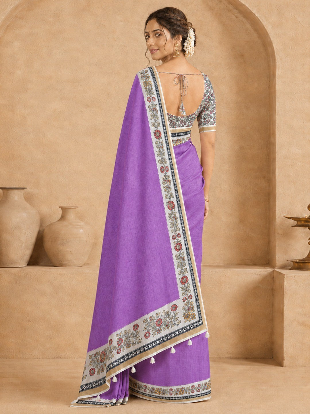 Peachmode Lavender Malai Cotton Fancy Digital Print Saree - Image 4