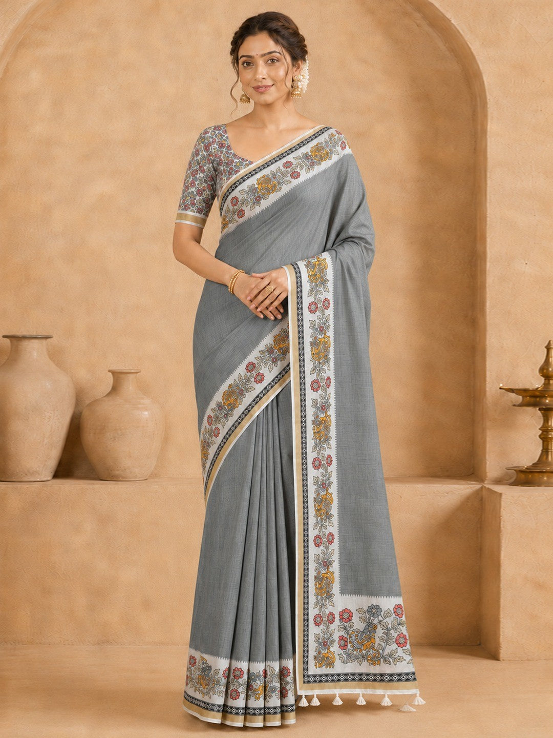 Peachmode Grey Malai Cotton Fancy Digital Print Saree - Image 1