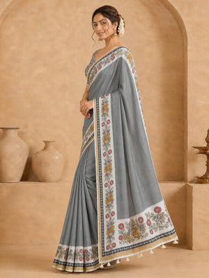 Peachmode Grey Malai Cotton Fancy Digital Print Saree - Image 2