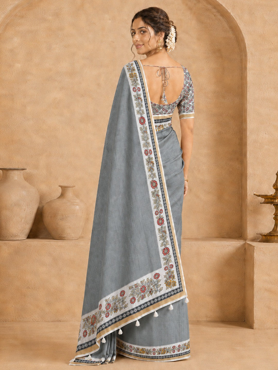 Peachmode Grey Malai Cotton Fancy Digital Print Saree - Image 4
