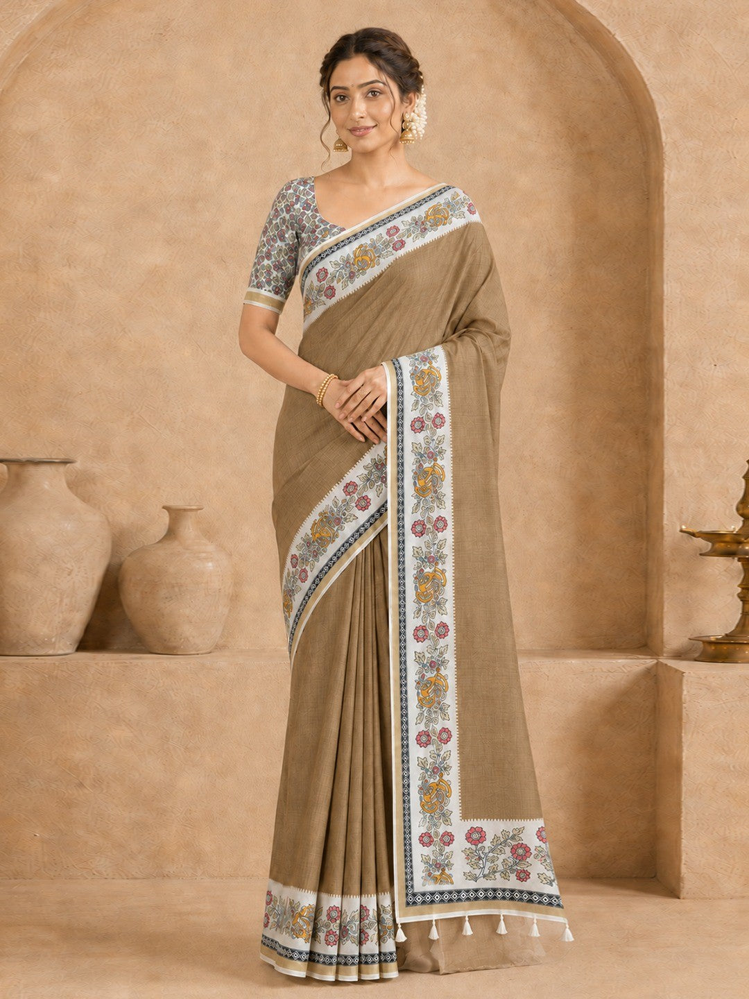 Peachmode Beige Malai Cotton Fancy Digital Print Saree - Image 2