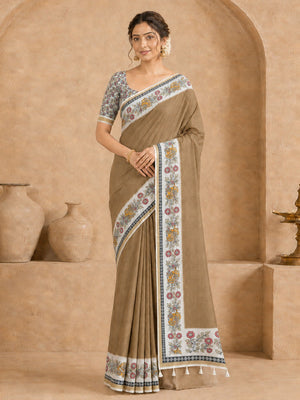Peachmode Beige Malai Cotton Fancy Digital Print Saree - Image 2