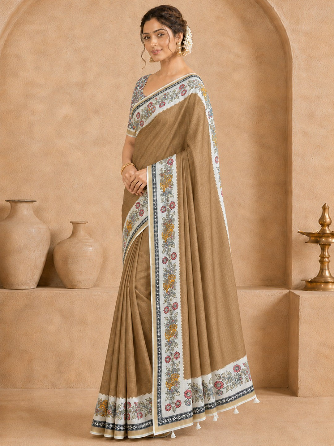 Peachmode Beige Malai Cotton Fancy Digital Print Saree - Image 3