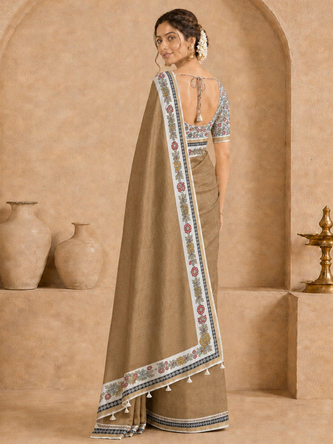 Peachmode Beige Malai Cotton Fancy Digital Print Saree - Image 4