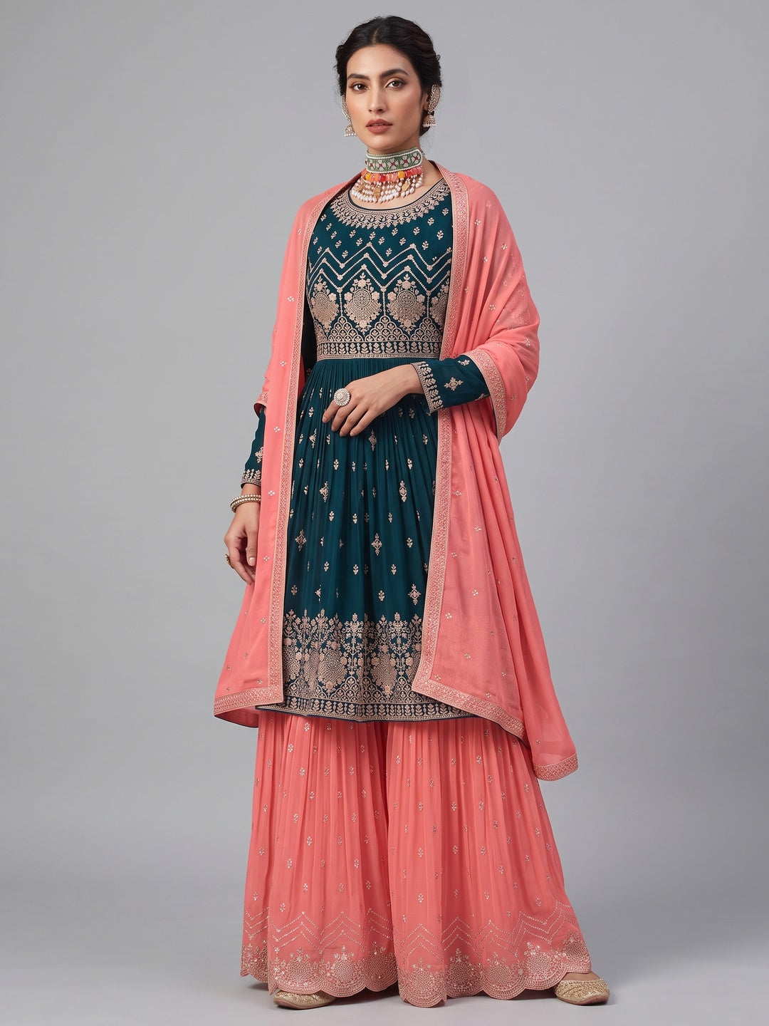 Rama Blue Floral Sequins Embroidered Georgette Sharara Suit - Image 1