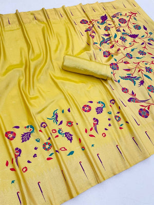 Peachmode Yellow Bamboo Tissue Silk Paithani Saree - Image 2