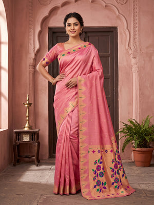 Peachmode Pink Bamboo Tissue Silk Paithani Saree - Image 1