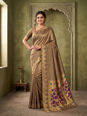 Peachmode Brown Bamboo Tissue Silk Paithani Saree - Image 1