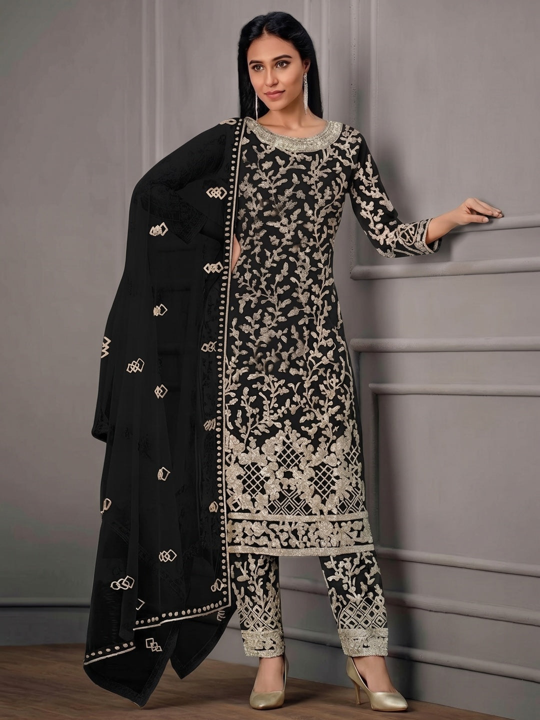 Black Sequins Floral Embroidered Net Salwar Suit - Image 1