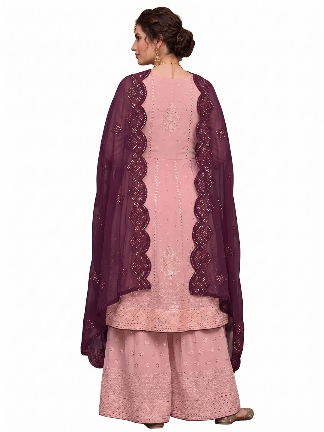 Peach Mirror Embroidered Georgette Sharara Suit - Image 2