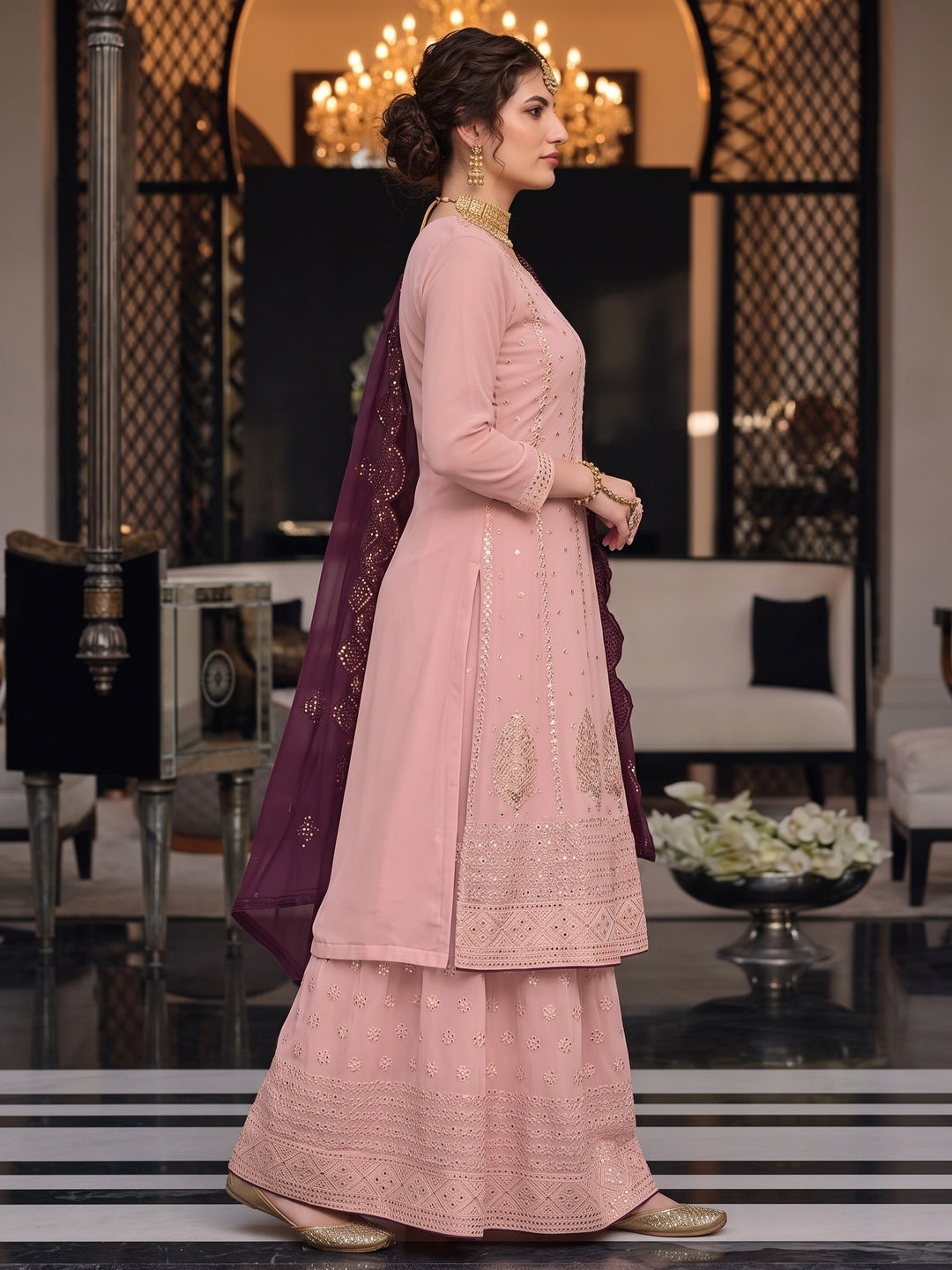 Peach Mirror Embroidered Georgette Sharara Suit - Image 3