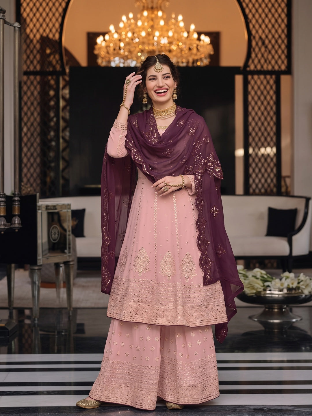 Peach Mirror Embroidered Georgette Sharara Suit - Image 4
