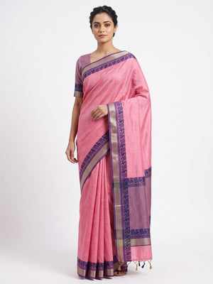 Pink Pure Handloom Silk Saree with an Elegantly Woven Jacquard Border - Image 1